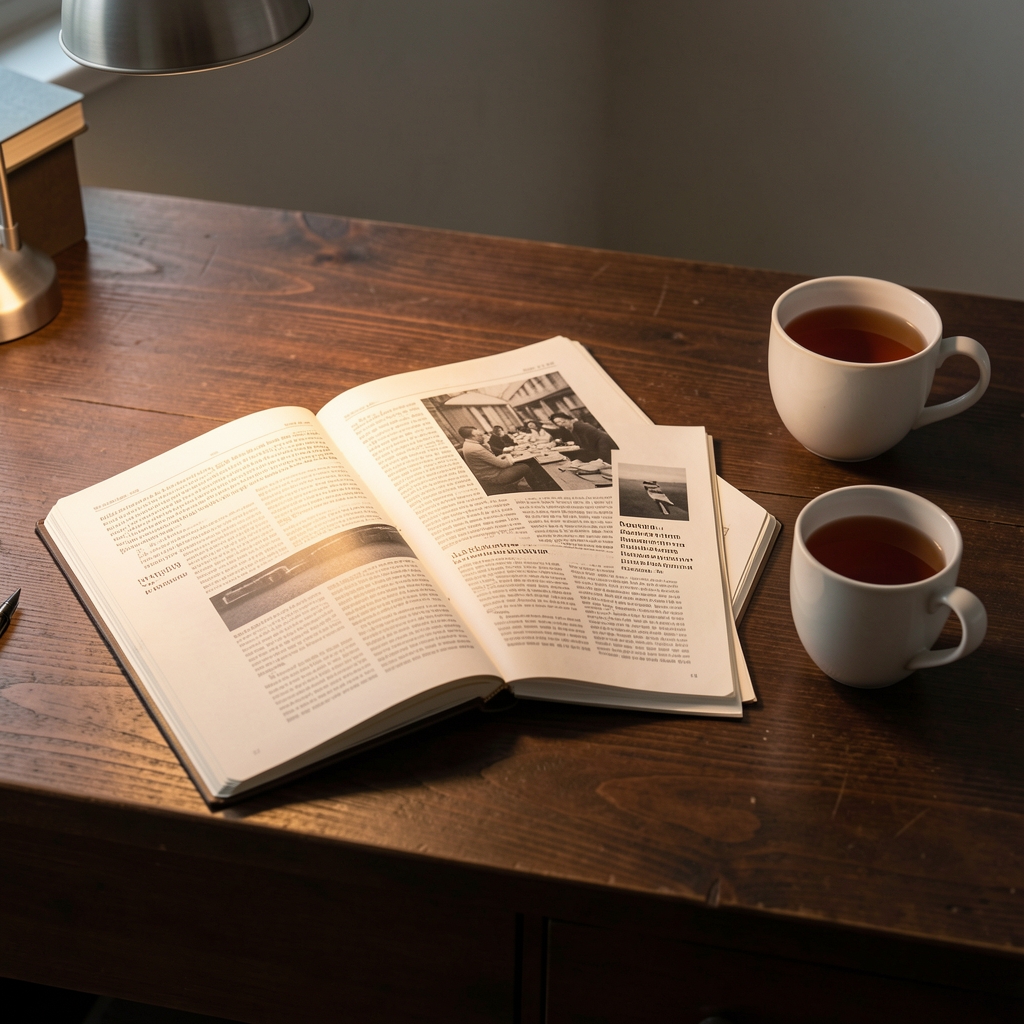 Notebook open on a wooden desk beside seasonal produce and a handwritten meal plan in soft natural daylight