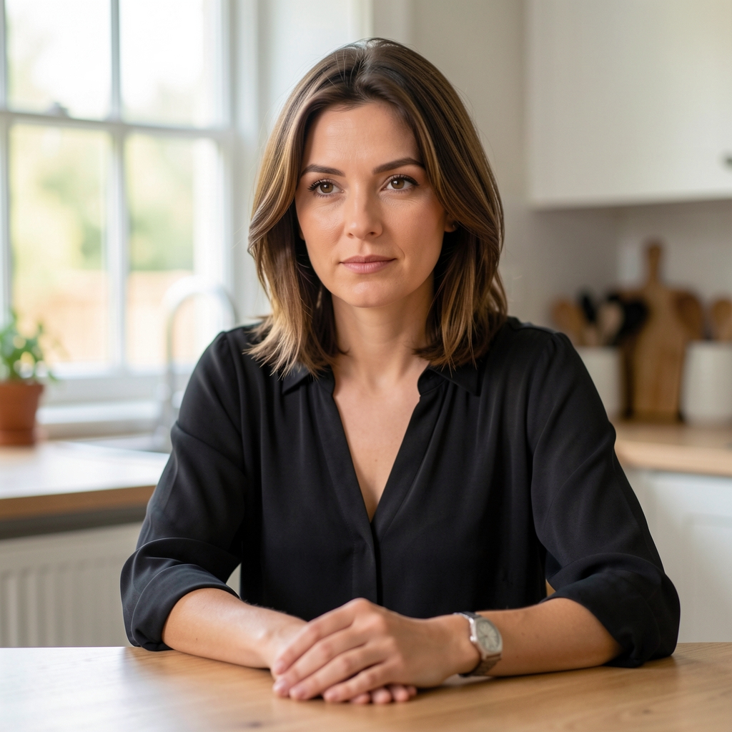 Editorial portrait of a woman in her thirties seated at a kitchen table with natural light from a window behind, calm and thoughtful expression