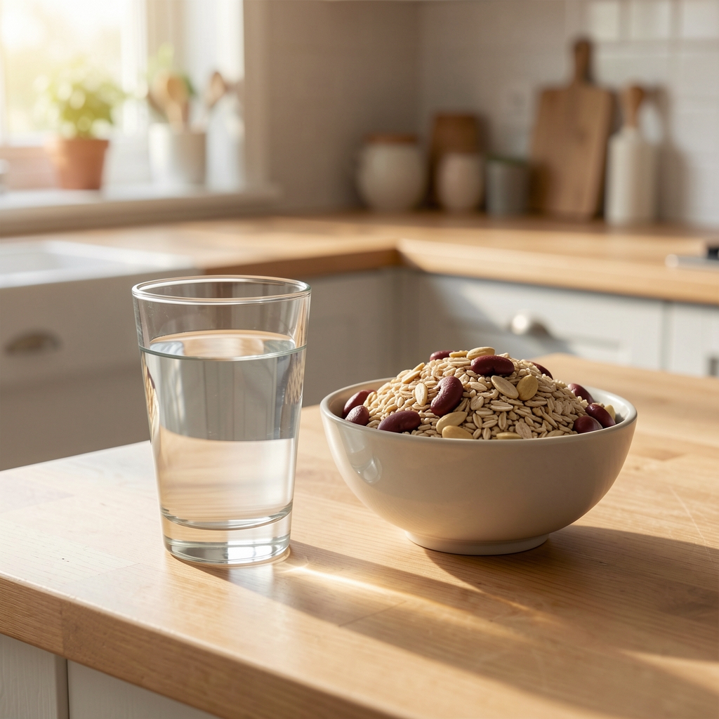 Glass of water alongside a bowl of high-fibre grains and legumes on a clean wooden kitchen worktop in morning light
