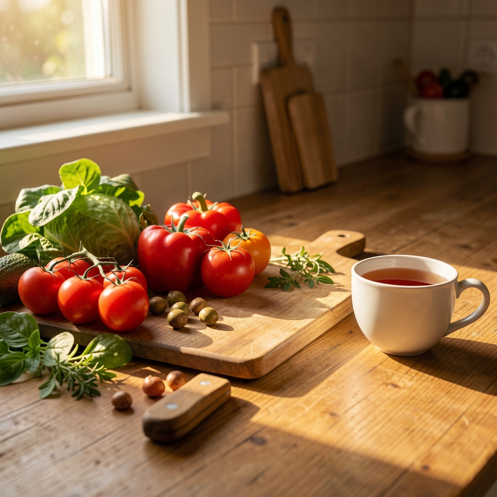 Warm morning light falling across a kitchen worktop with fresh vegetables, a cutting board, and a cup of tea